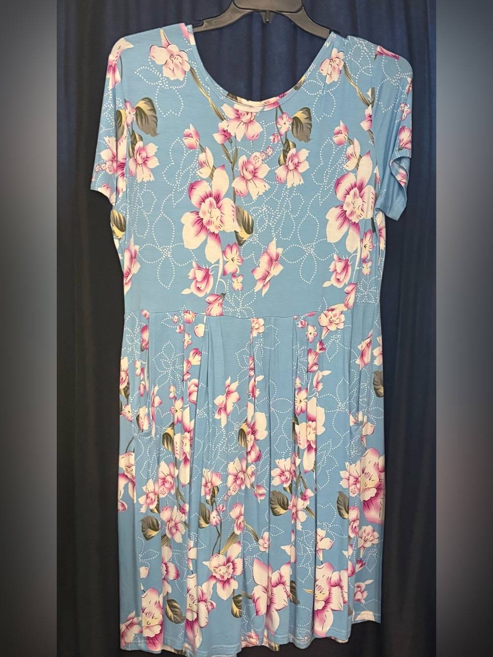 Sky Blue Floral Midi Dress with Pink & Cream Flowers